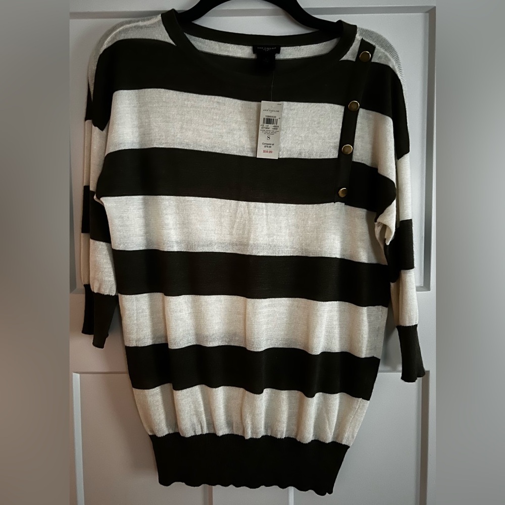 Ann Taylor Olive Green and Cream Striped Top